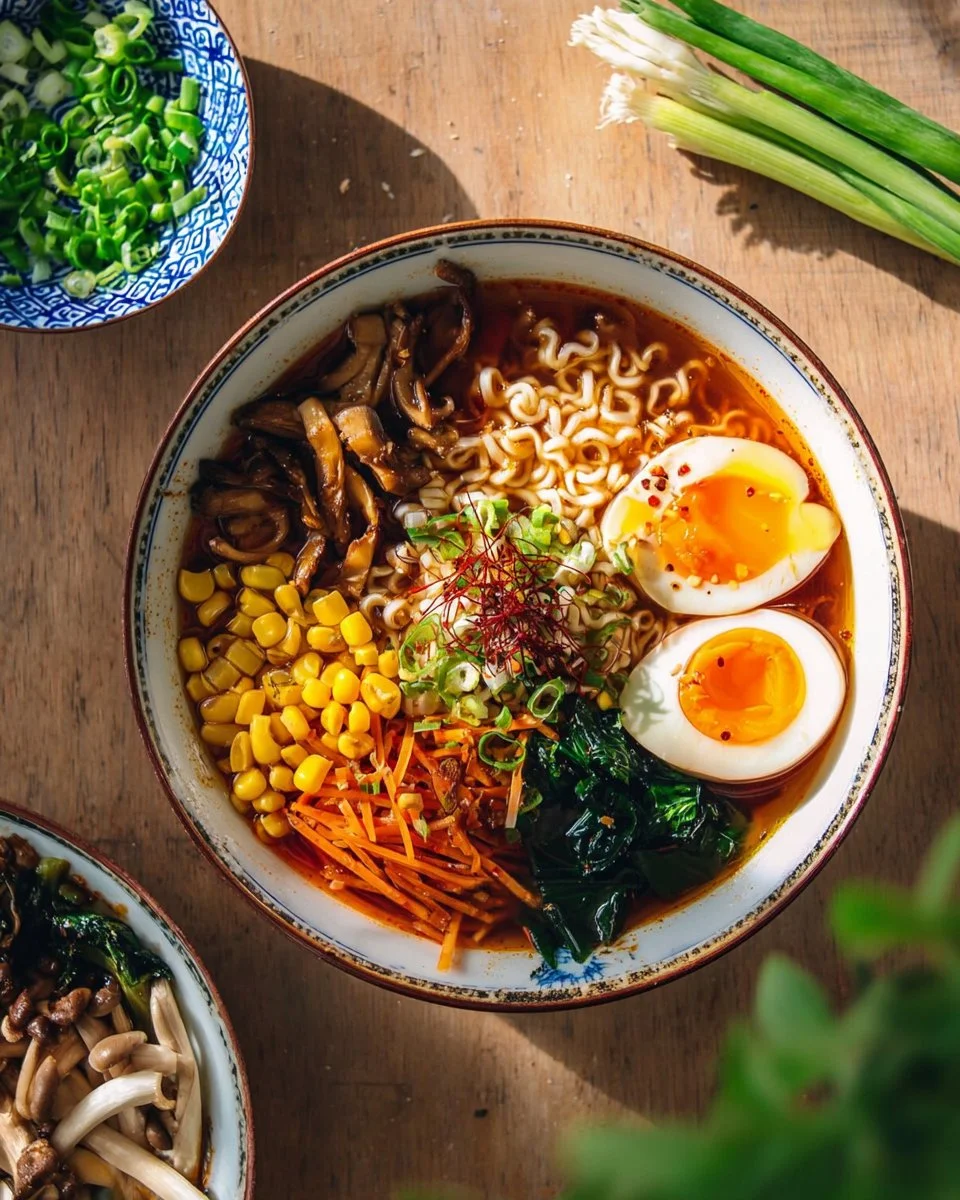 Bowl of quick and easy homemade ramen topped with green onions and boiled egg