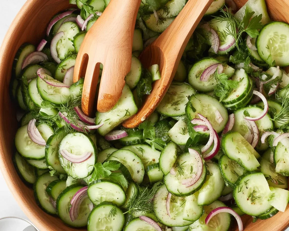 Refreshing cucumber salad with sliced cucumbers and tangy vinegar dressing.
