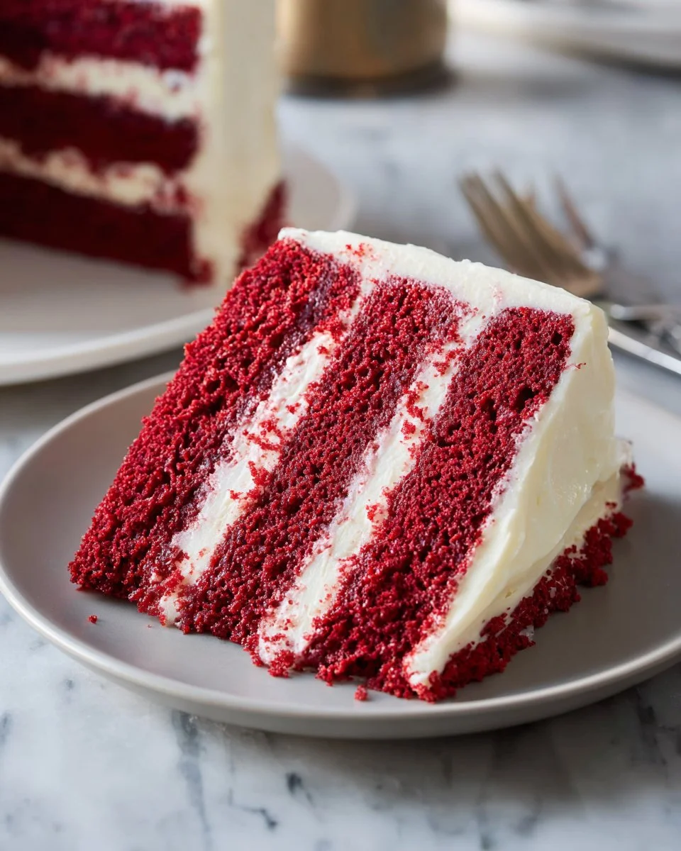 Delicious red velvet cake topped with cream cheese frosting and decorative sprinkles.