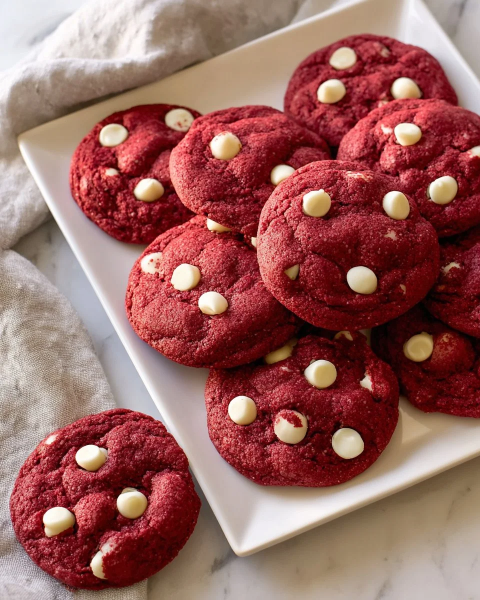 Delicious red velvet white chocolate chip cookies on a plate