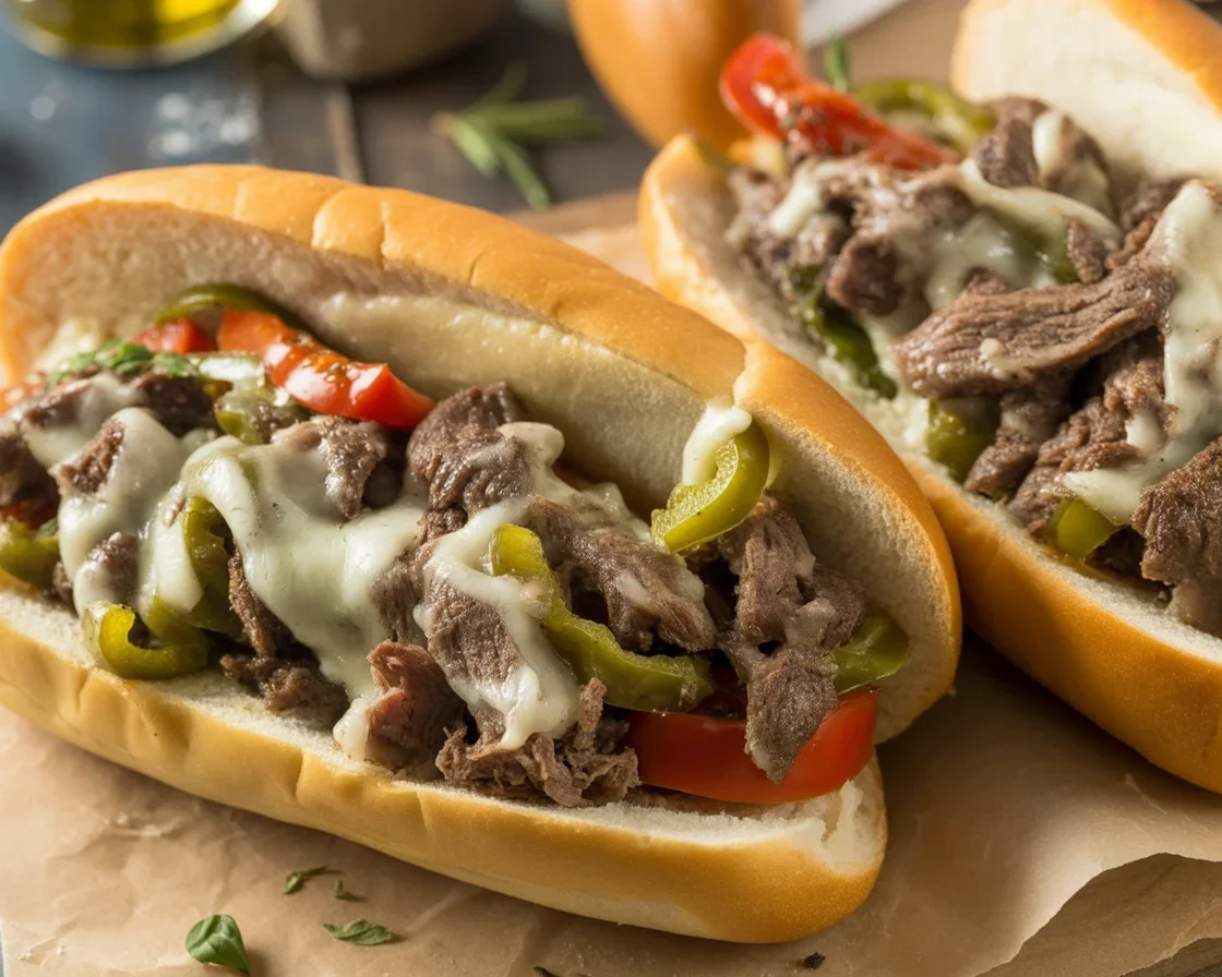 Delicious homemade Philly cheesesteak with ribeye, peppers, onions, and melted cheese.