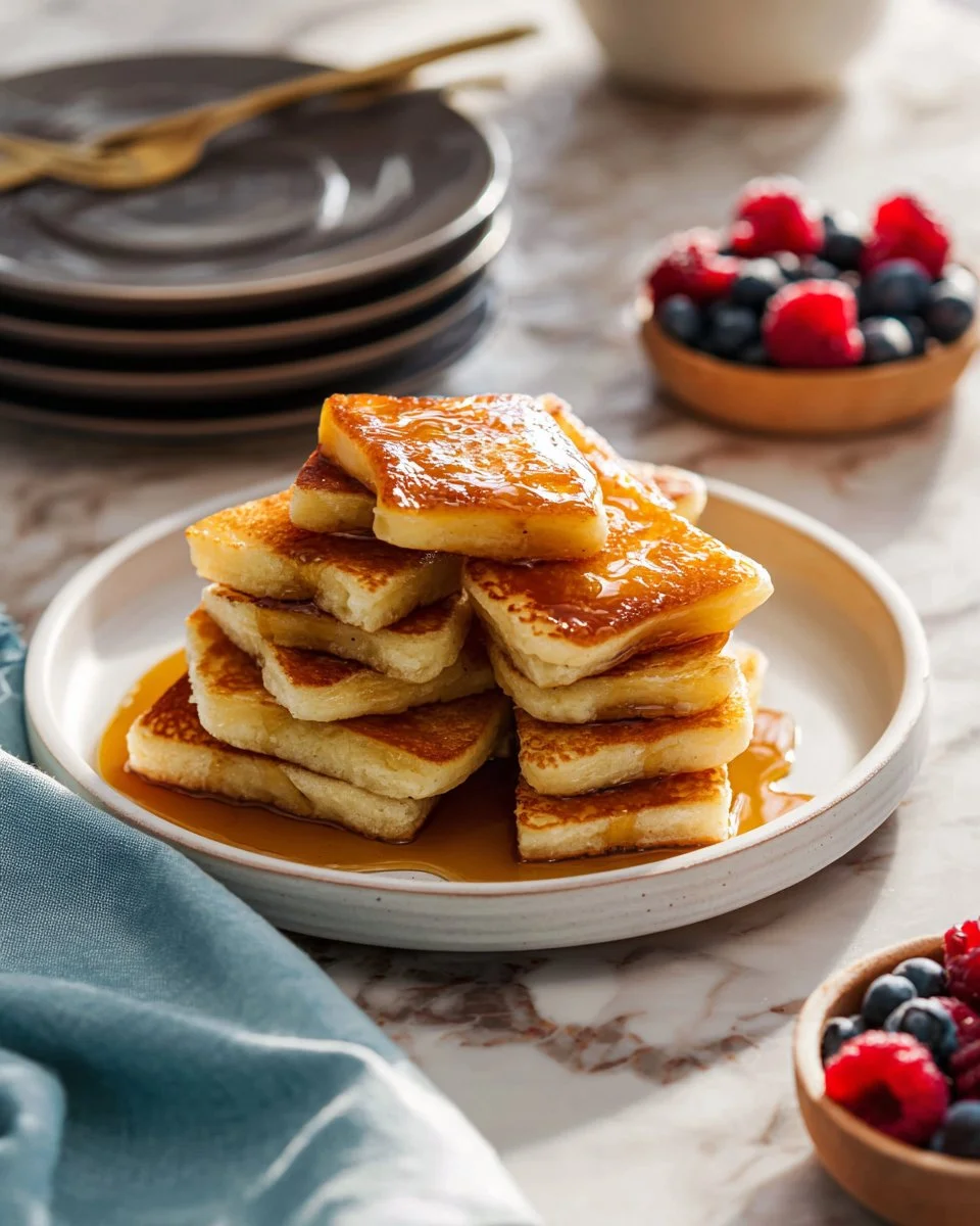 Delicious sheet pan pancakes served with maple syrup and berries