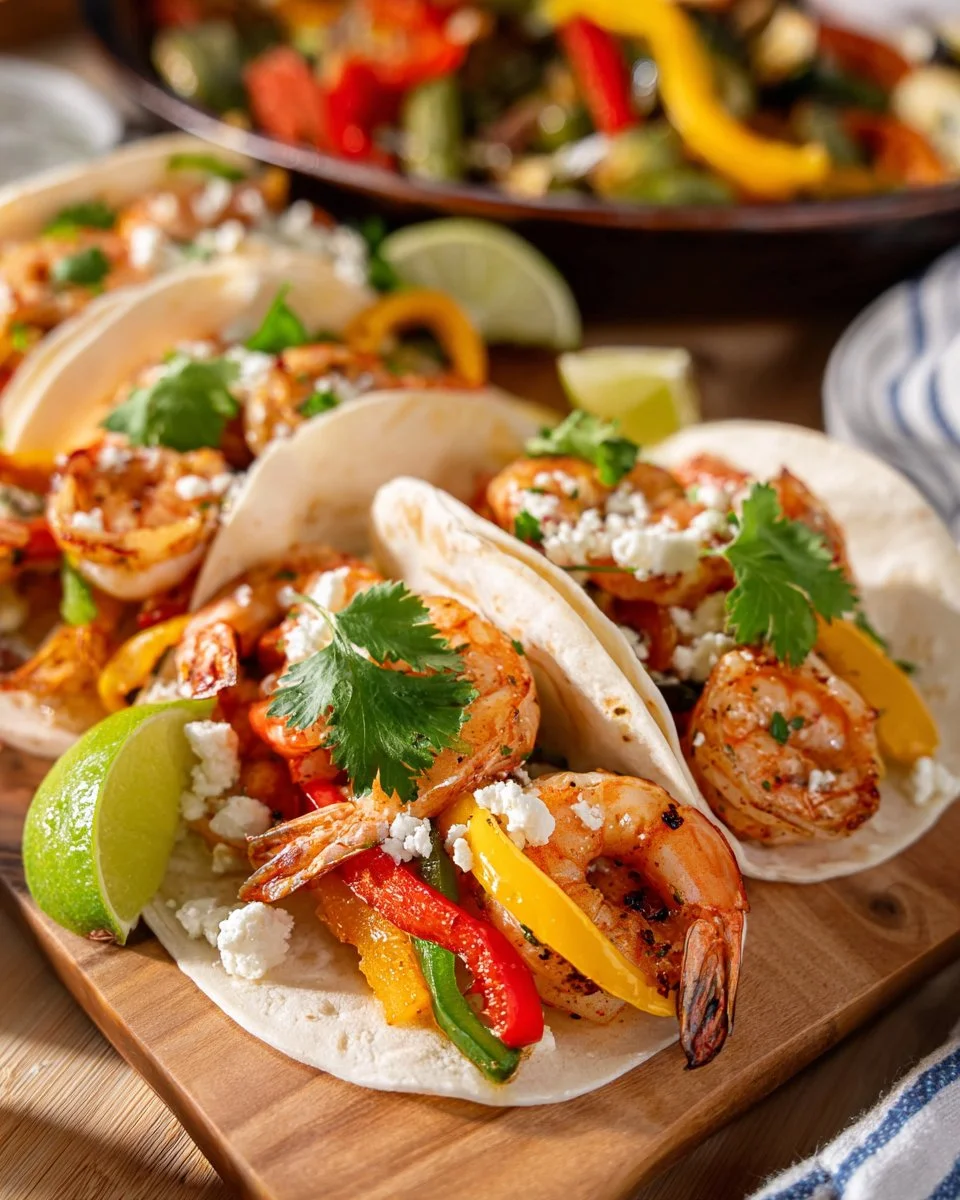 Delicious shrimp fajitas served with colorful peppers and onions