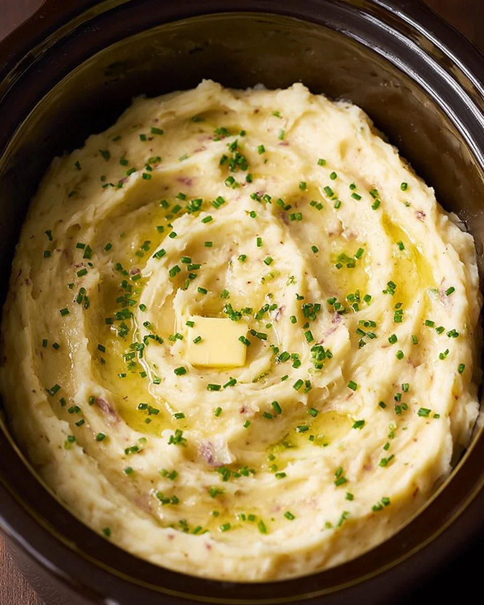Delicious slow cooked garlic mashed potatoes served in a bowl