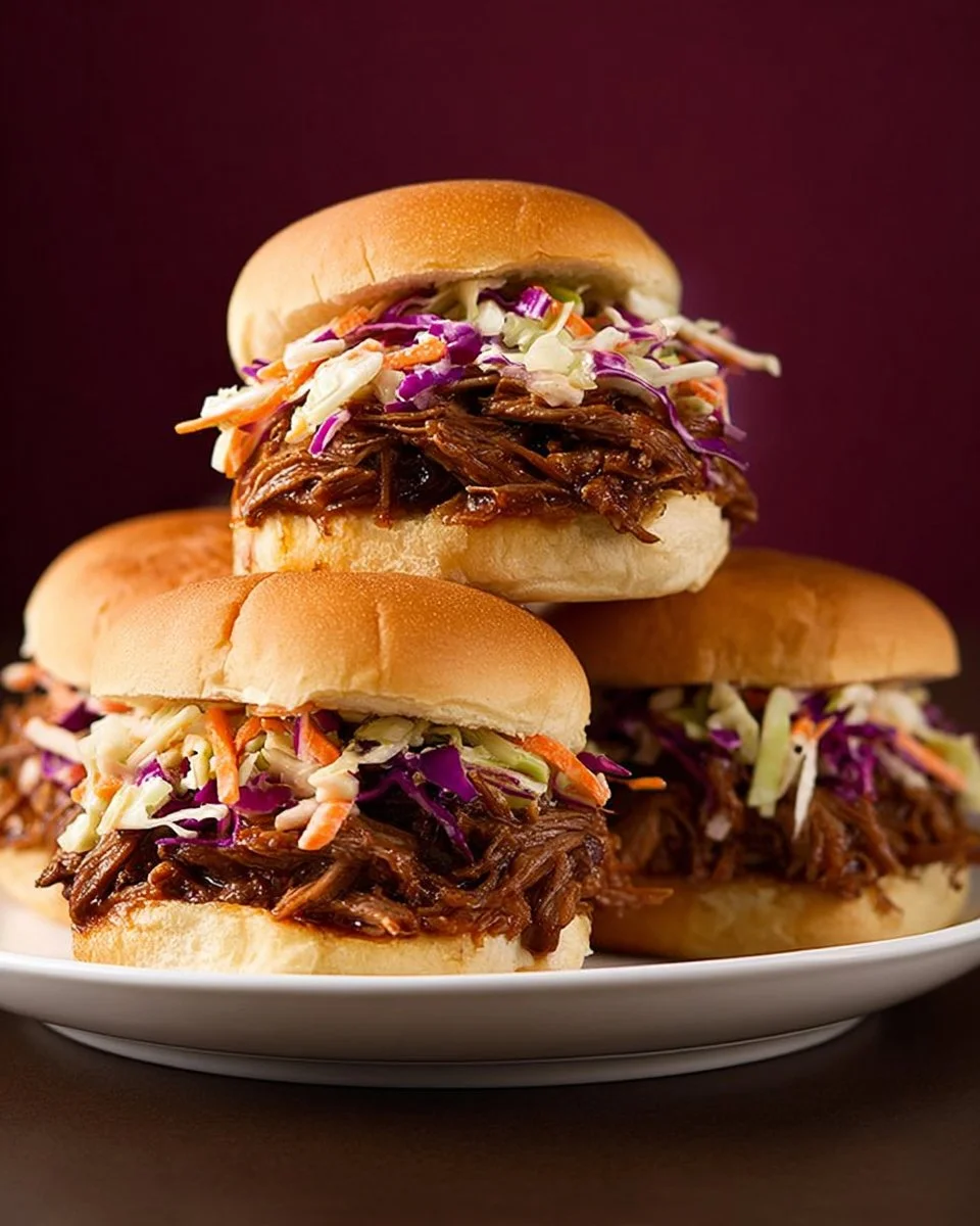 Slow Cooker Balsamic and Honey Pulled Pork Sandwiches on a rustic plate