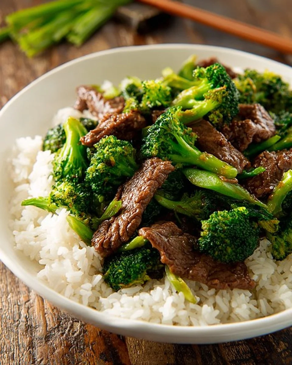Slow Cooker Beef and Broccoli served in a bowl with rice