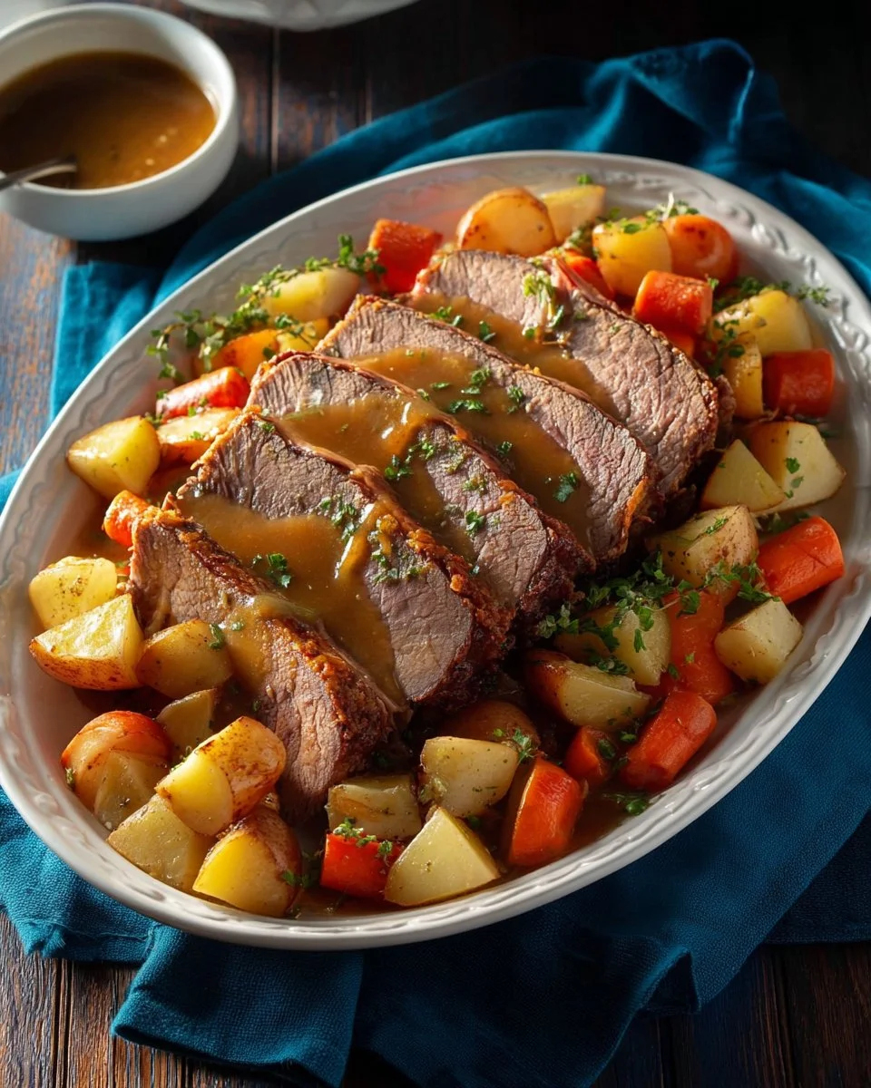 Slow cooker beef roast with vegetables prepared in a hearty dish