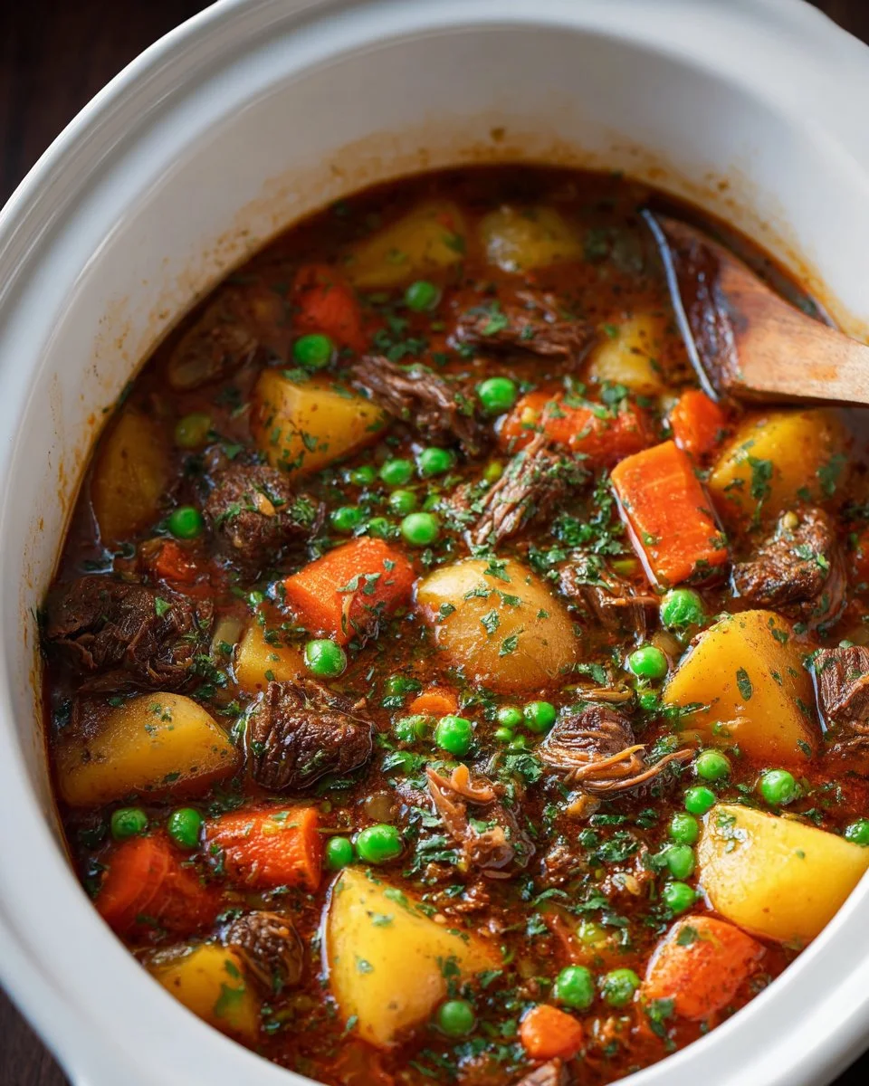 Delicious slow cooker beef stew filled with tender meat and vegetables