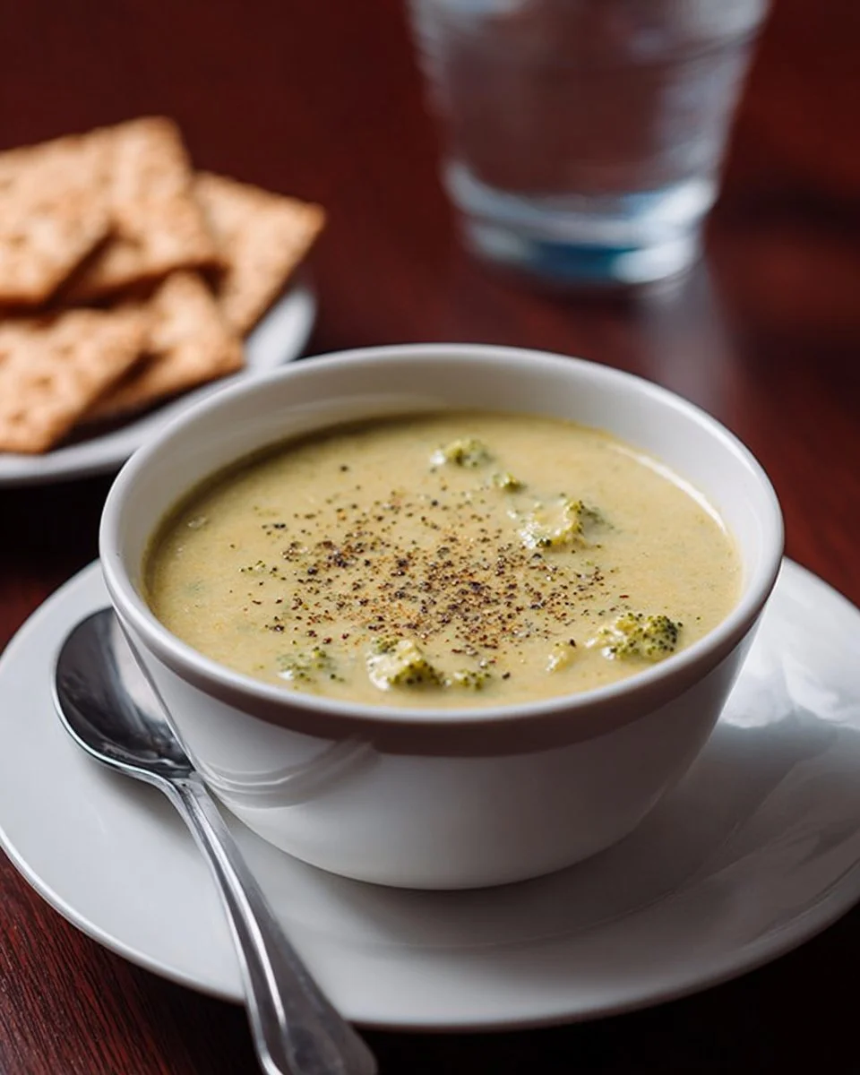 Slow cooker broccoli cheese soup served in a bowl with bread on the side