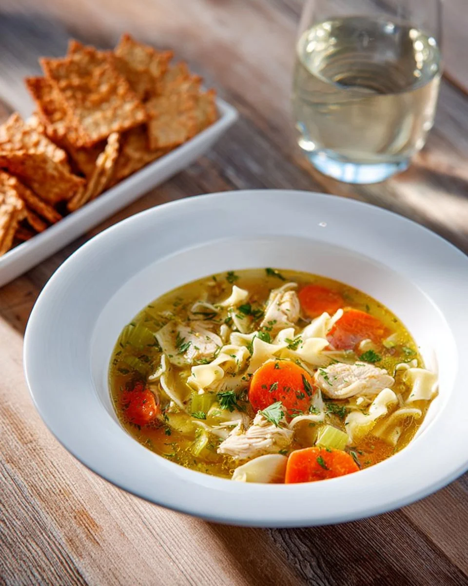 Bowl of slow cooker chicken noodle soup with fresh vegetables and herbs