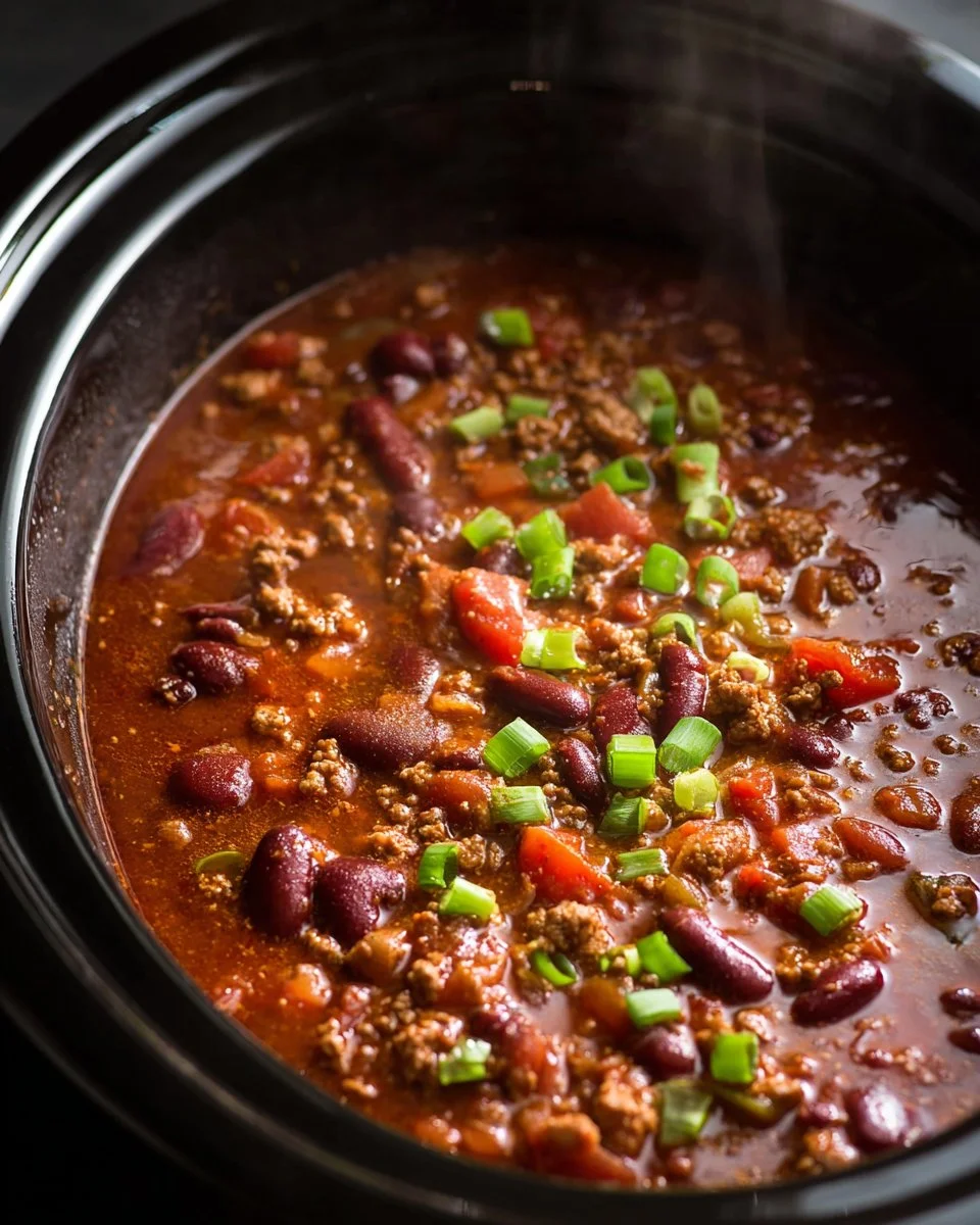 Delicious slow cooker chili served in a bowl with toppings