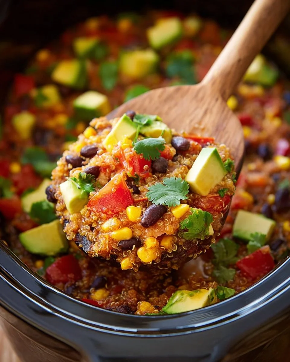 Slow Cooker Enchilada Quinoa Bake topped with fresh ingredients