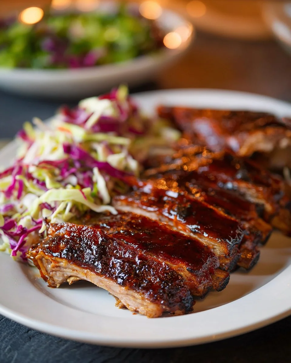 Delicious slow cooker ribs served with barbecue sauce and sides