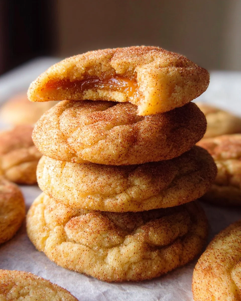 Soft Caramel Snickerdoodles cookies with caramel drizzle on top