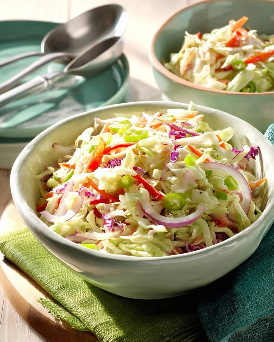 Colorful bowl of spectacular overnight slaw with fresh vegetables