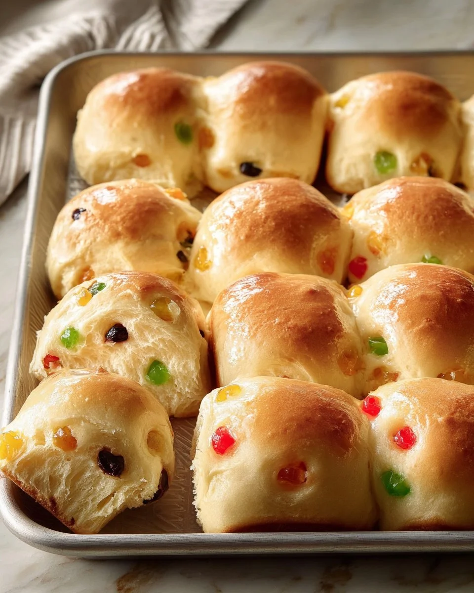 Freshly baked stollen butter rolls with buttery glaze and festive toppings
