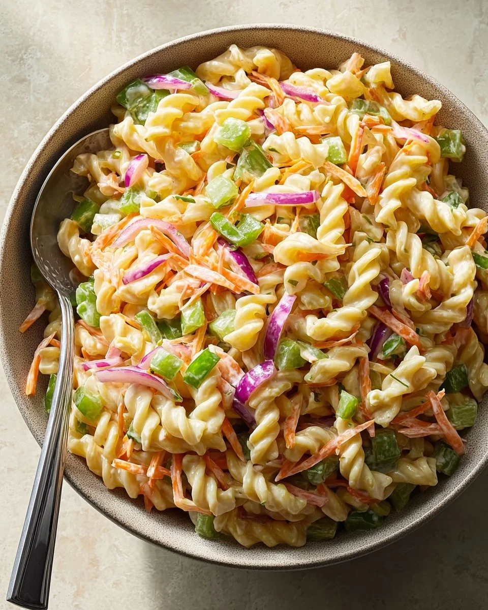 Sweet Macaroni Salad with colorful ingredients in a bowl