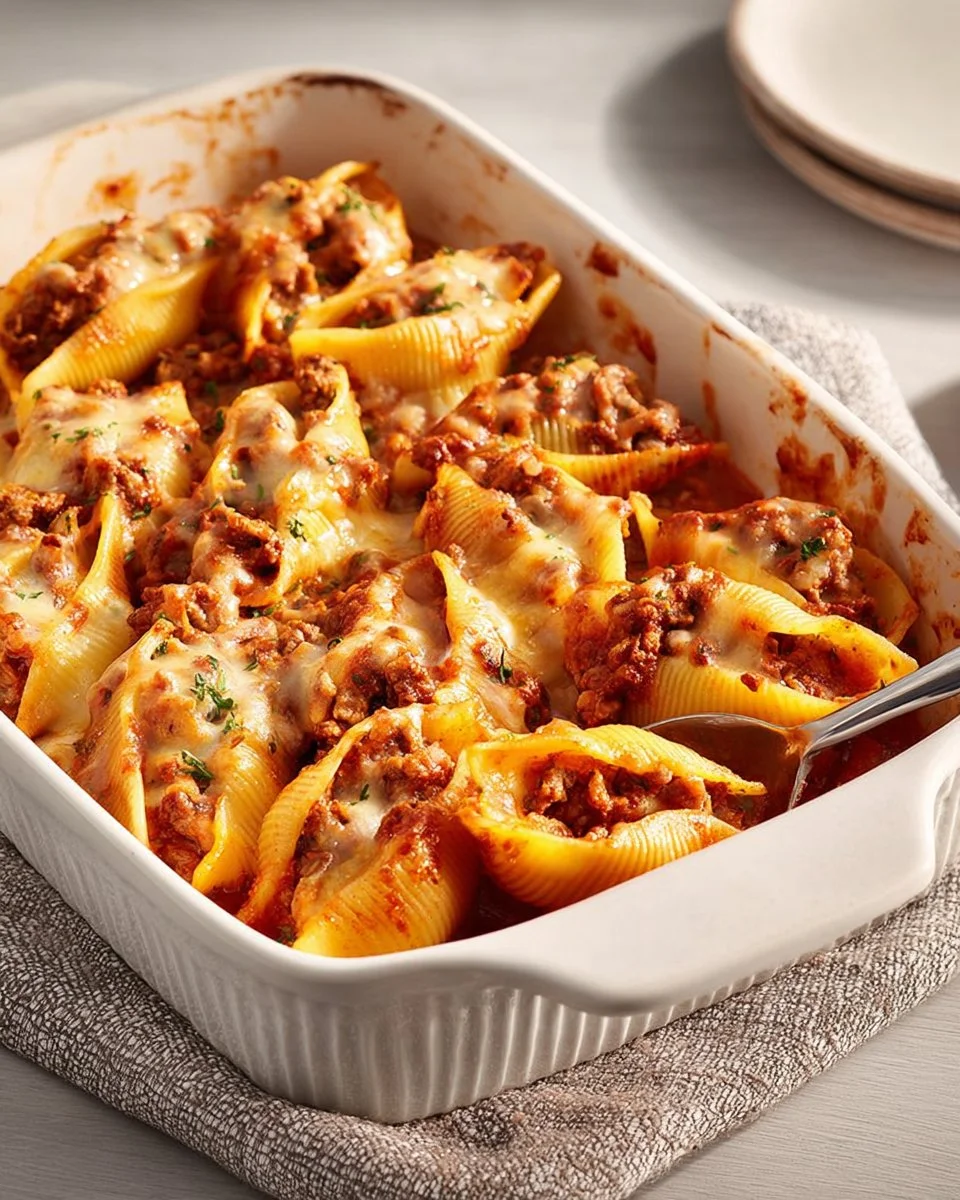 Taco Stuffed Shells filled with beef, cheese, and topped with fresh ingredients