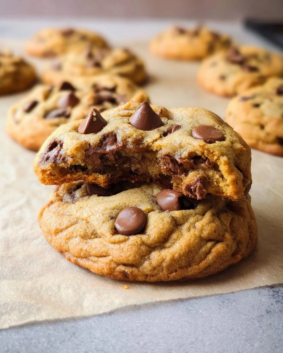 Thick chocolate chip cookies on a baking tray, ready to be enjoyed.