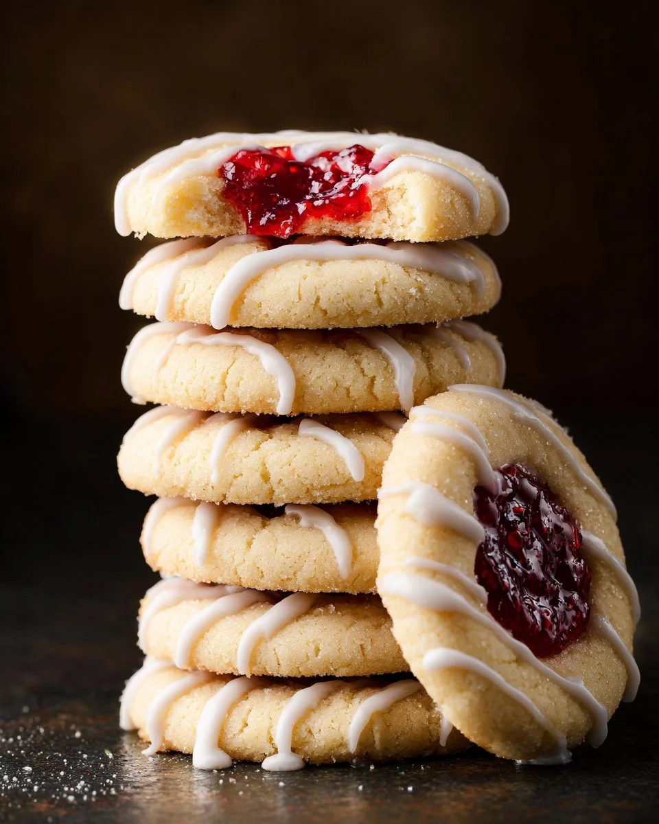 Delicious raspberry almond thumbprint cookies on a wooden tray