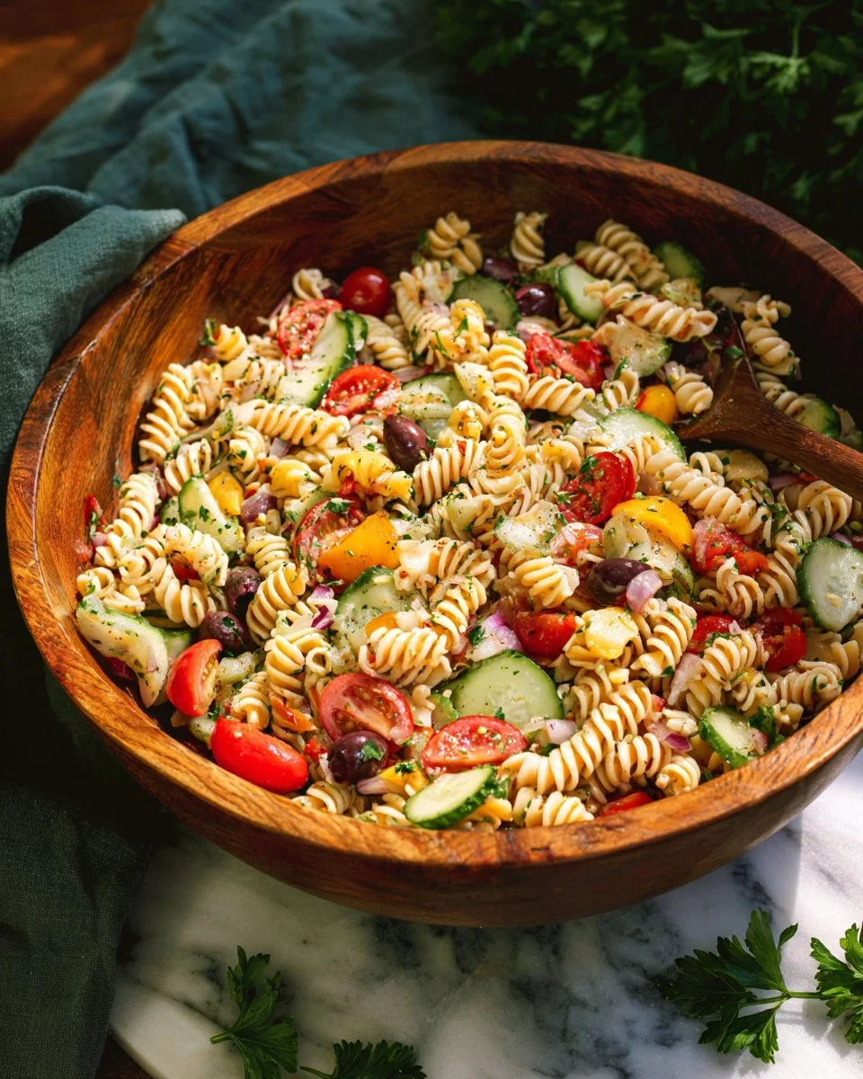 Freshly prepared Tuna Pasta Salad with vegetables in a bowl