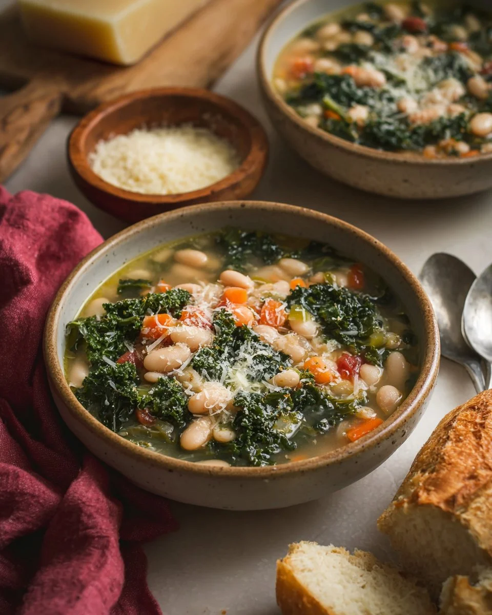 Bowl of white bean and kale soup garnished with herbs and served with bread.