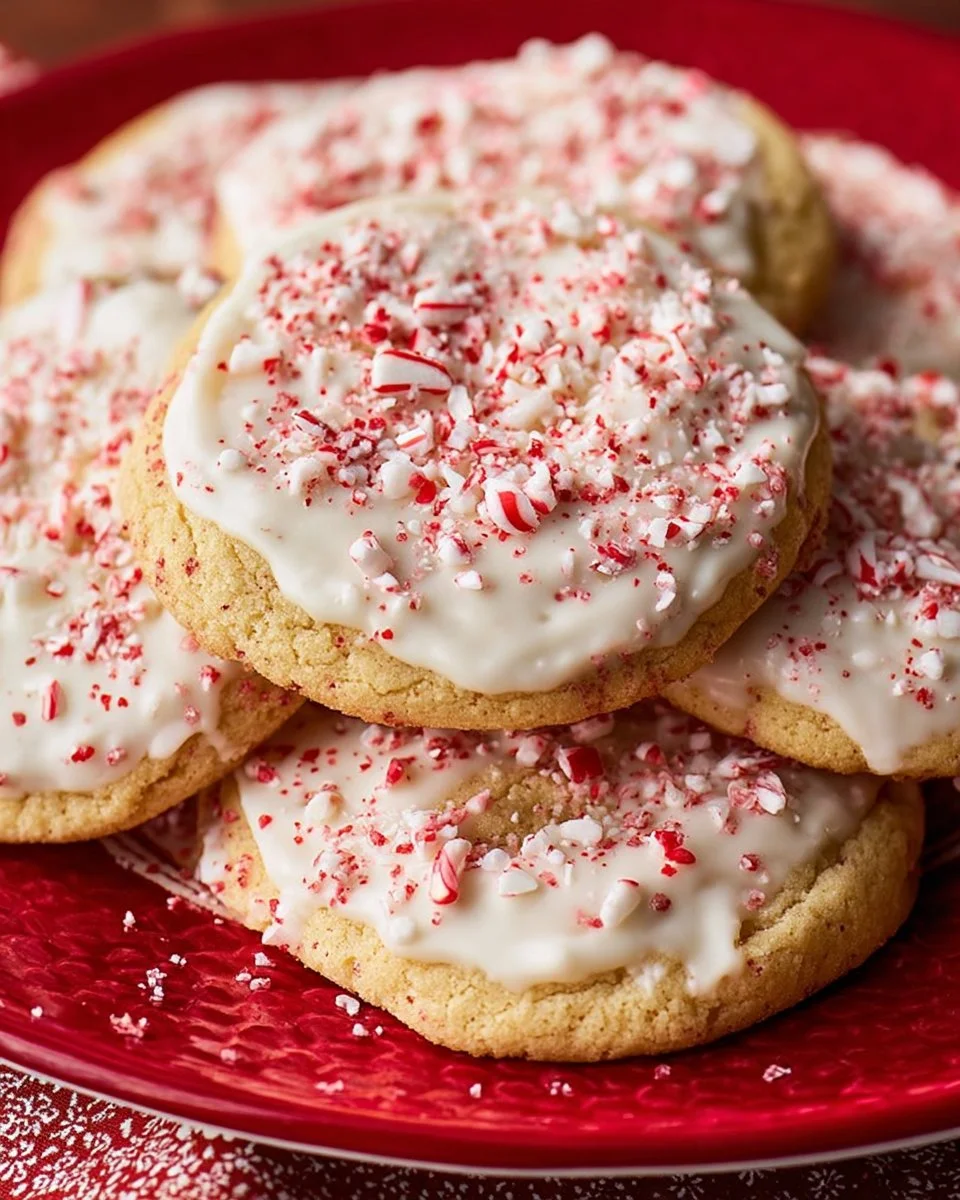 White chocolate dipped peppermint sugar cookies on a festive plate