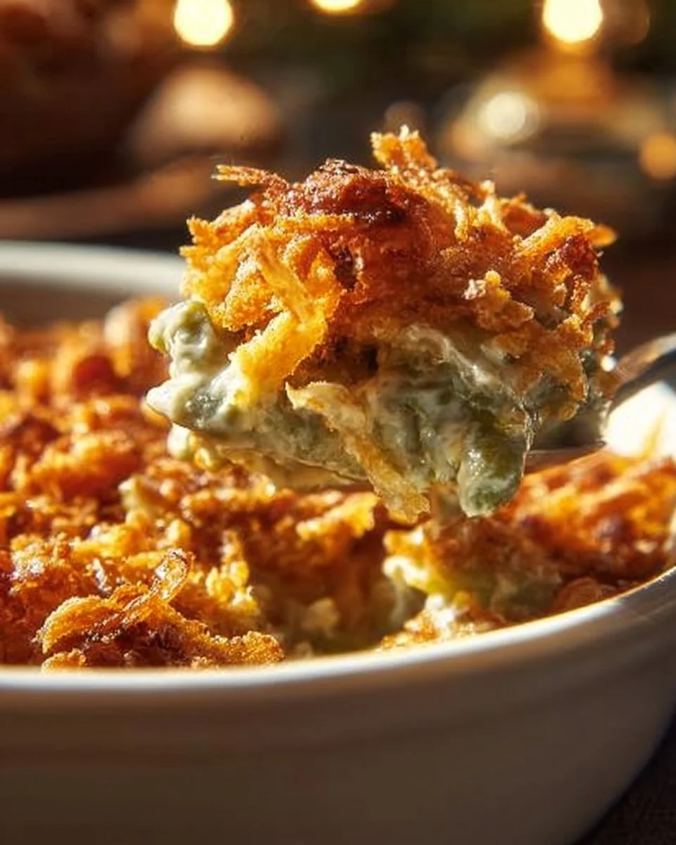 Delicious green bean casserole topped with crispy onions and creamy sauce