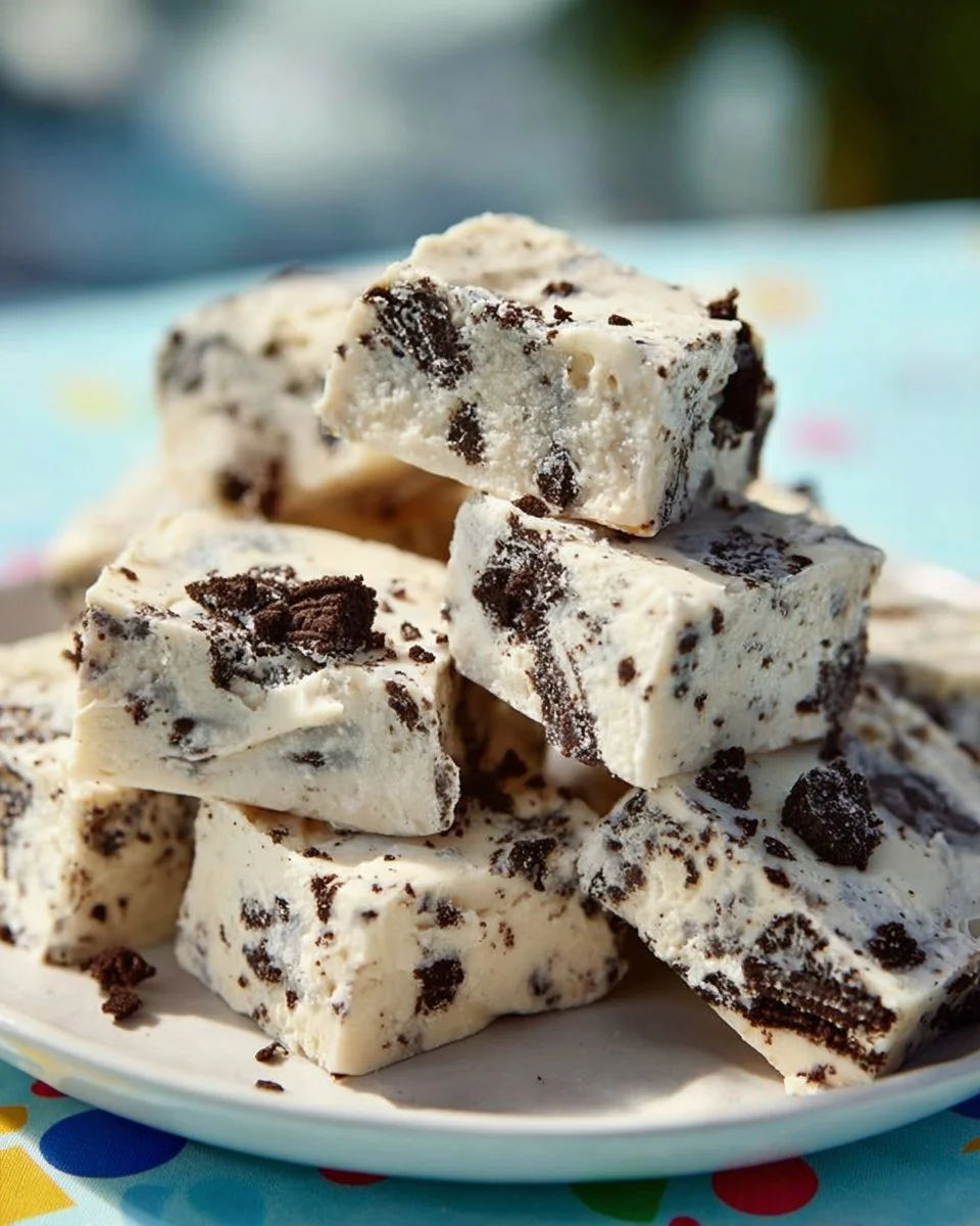 Delicious cookies and cream fudge dessert with chocolate and cookie chunks.