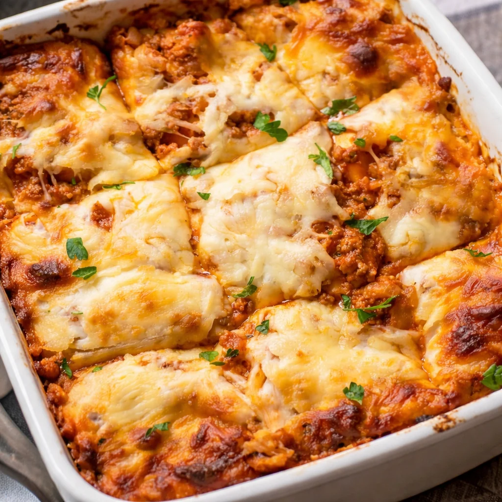 Delicious lasagna recipe with cottage cheese layered with meat sauce and mozzarella