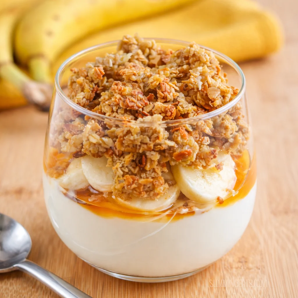 Delicious Banana Granola Parfait with yogurt, fresh bananas, and crunchy granola layers.