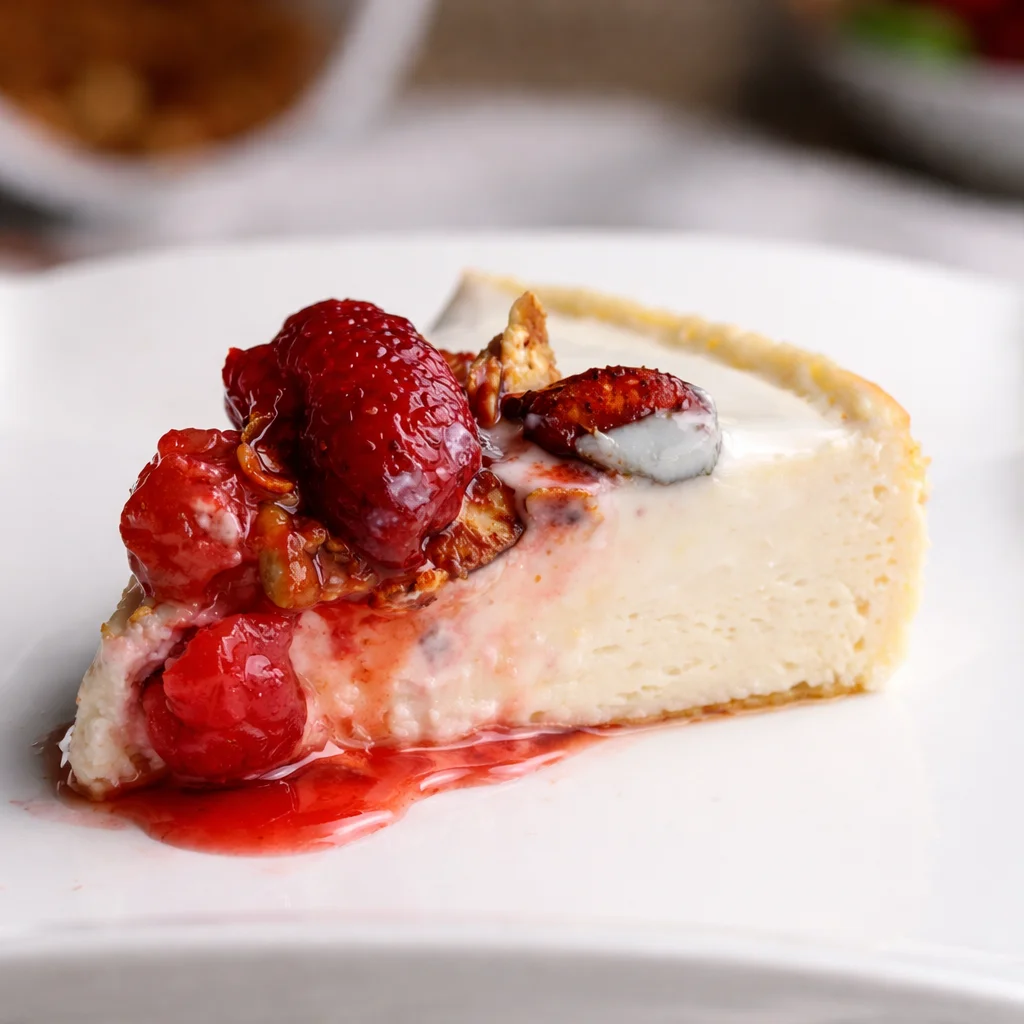 Delicious Cottage Cheese Raspberry Cheesecake topped with fresh raspberries.