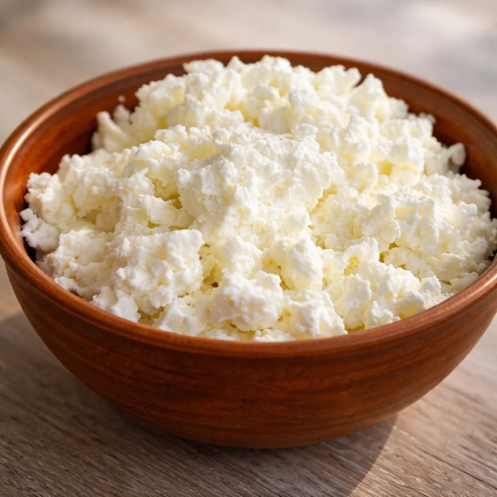 Homemade cottage cheese recipe preparation with ingredients and kitchen tools.