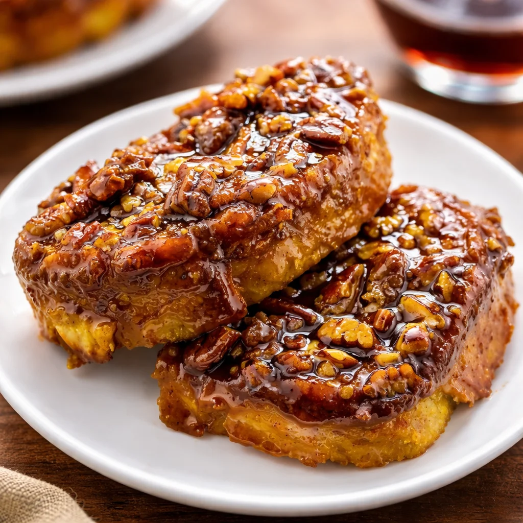 Delicious Overnight Maple Pecan French Toast Bake topped with syrup and pecans.