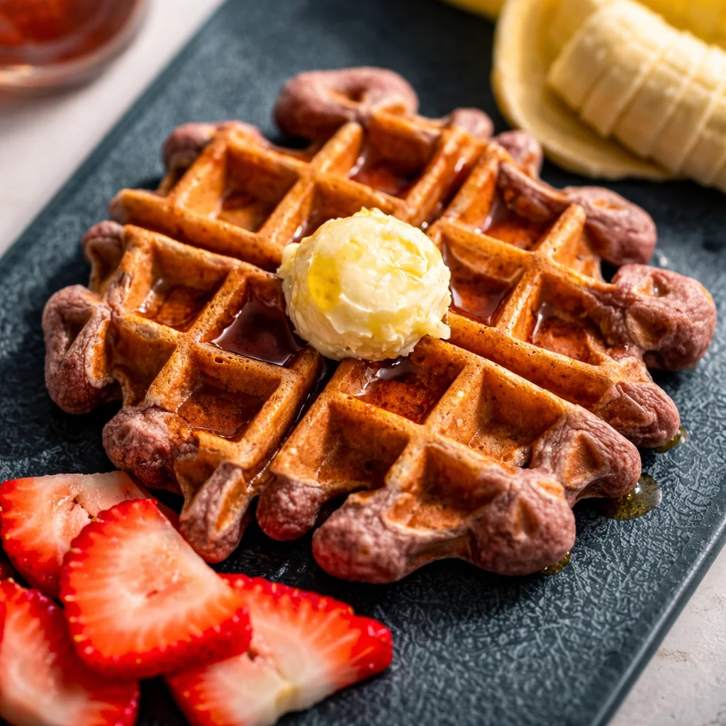 Delicious Strawberry Banana Cottage Cheese Waffles topped with fresh strawberries and bananas.