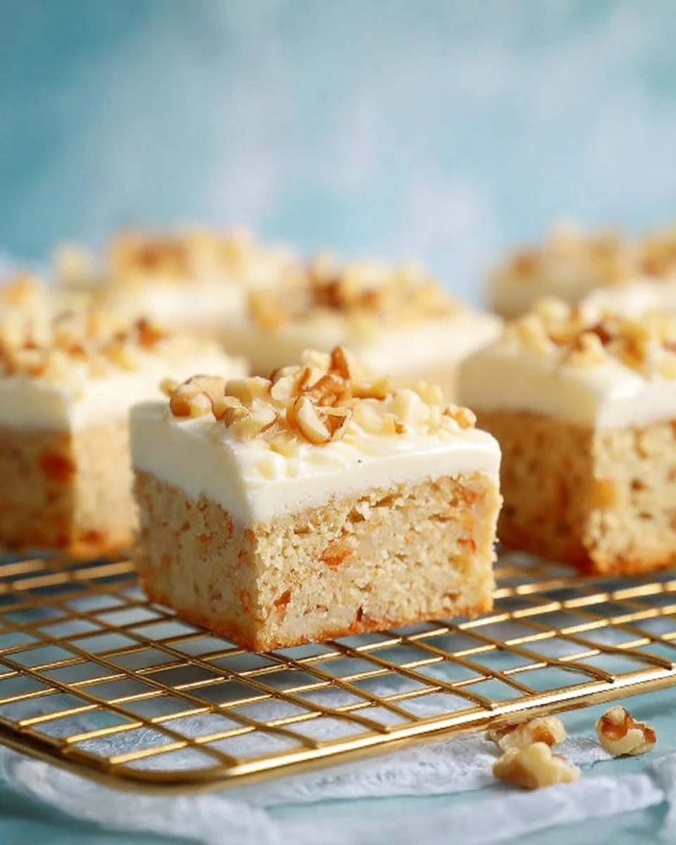 Delicious easy carrot cake bars topped with cream cheese frosting.