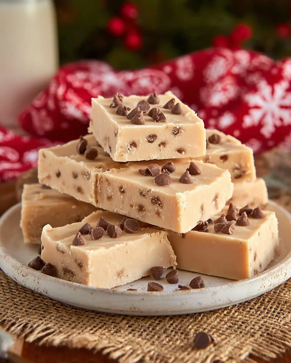 Easy chocolate chip cookie dough fudge bars stacked on a plate