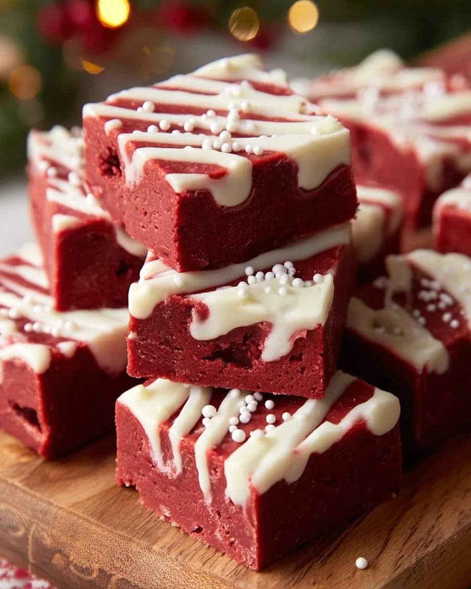 Easy red velvet fudge with cream cheese swirl on a white plate.