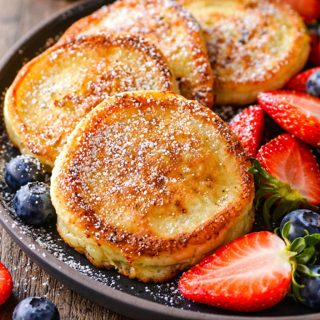 Fluffy cottage cheese pancakes topped with syrup and fresh fruit on a plate