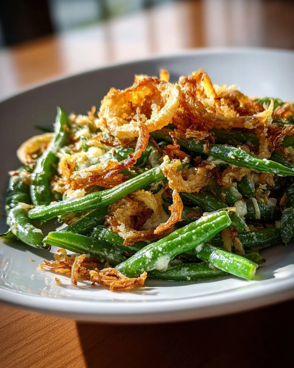 Delicious Garlic Parmesan Green Bean Casserole topped with crispy cheese
