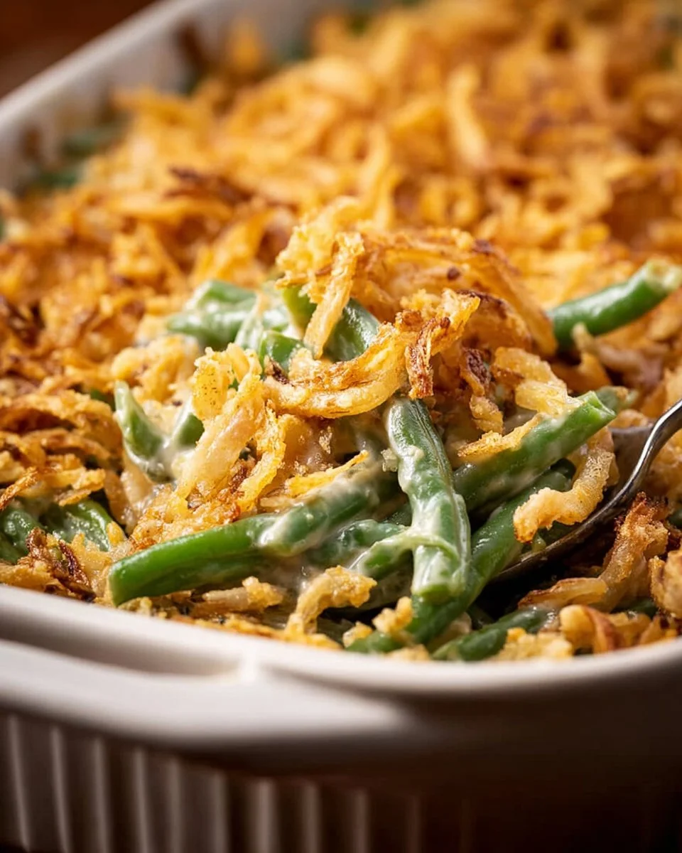 Delicious green bean casserole topped with crispy onions in a baking dish.