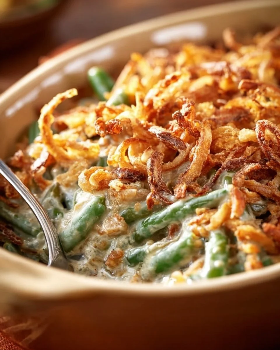 Delicious homemade green bean casserole topped with crispy onions
