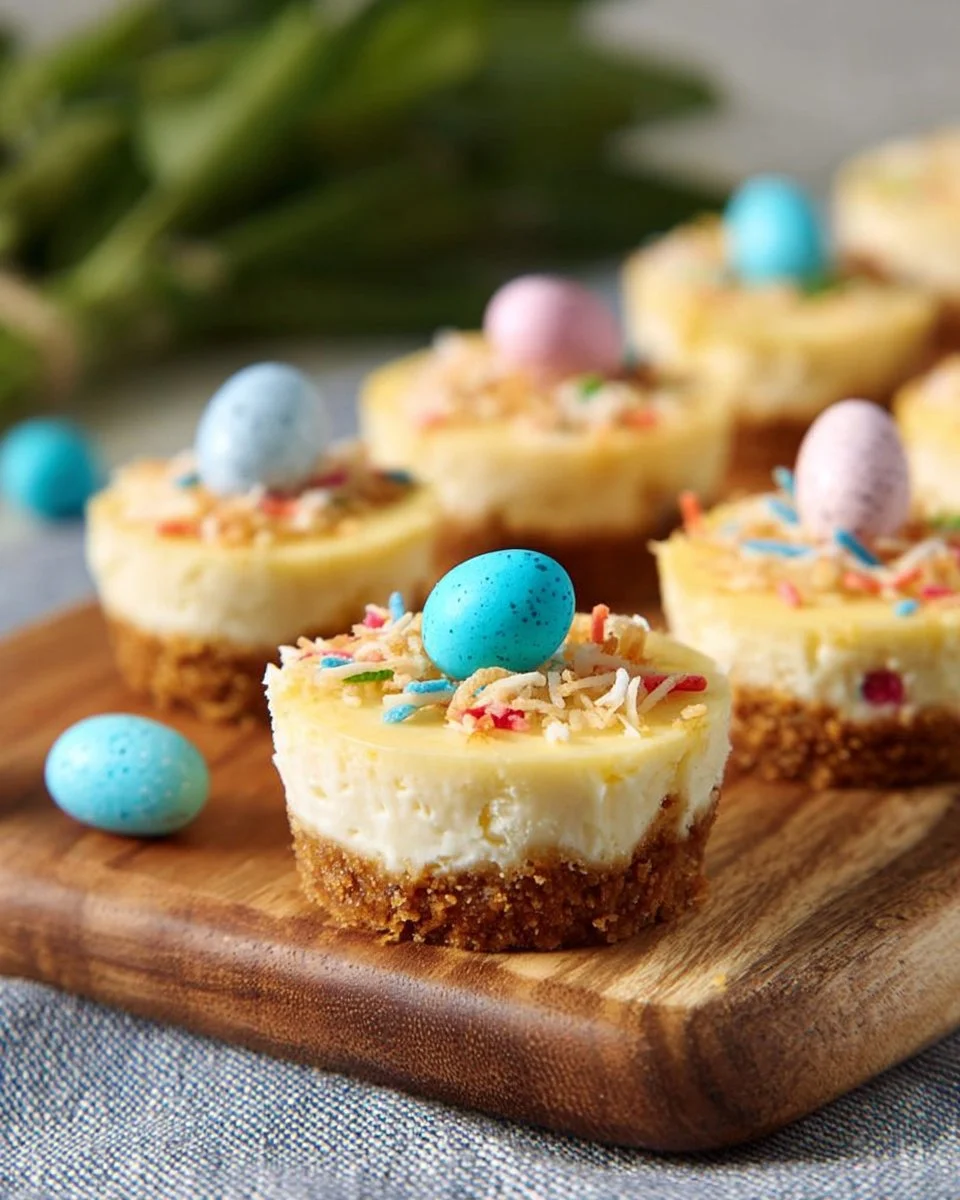 Mini Easter cheesecakes decorated with colorful toppings for spring celebrations
