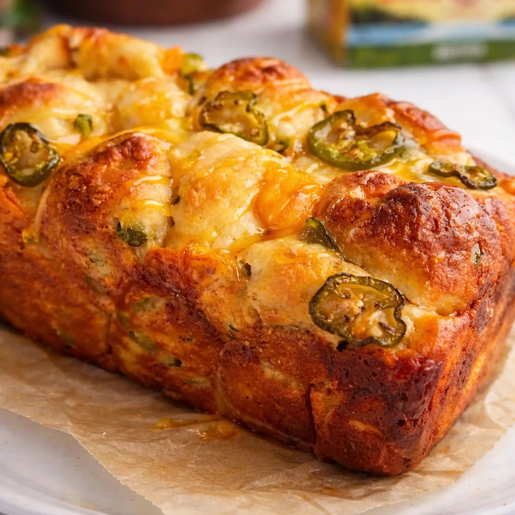 Delicious Jalapeño Cheddar Cottage Cheese Pull-Apart Bread fresh out of the oven.