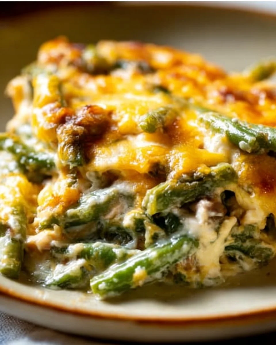 Delicious Paula Deen's Green Bean Casserole served in a baking dish