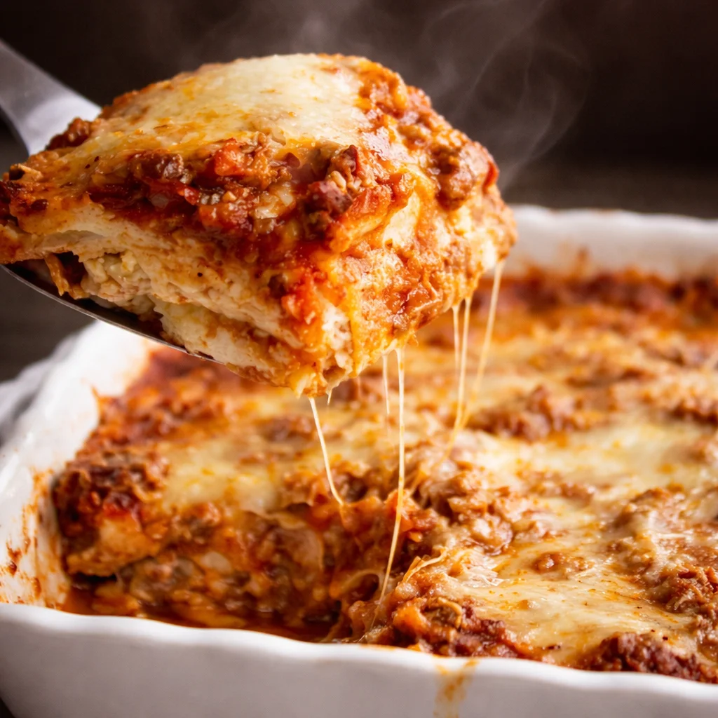 Delicious Easy Cheesy Lasagna with layers of meat sauce and gooey cheese