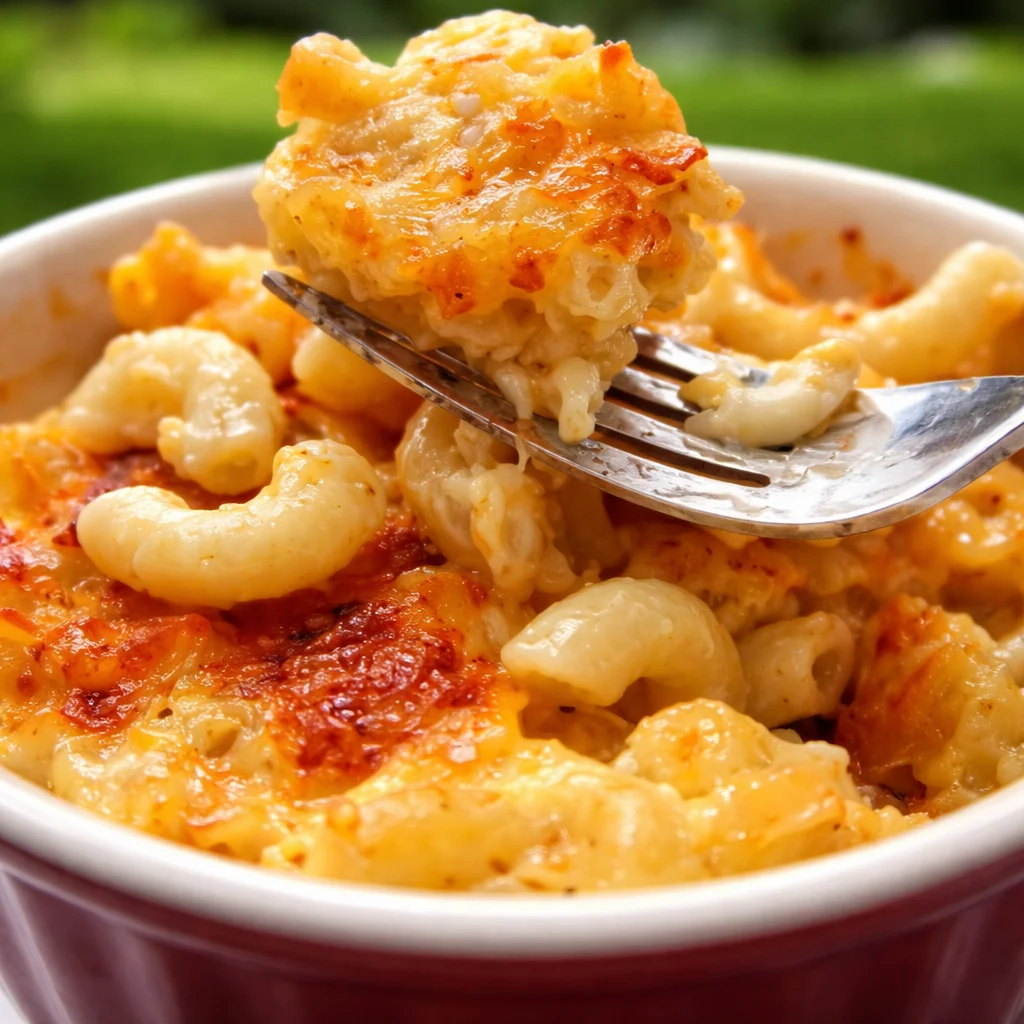 Old Fashioned Macaroni and Cheese served in a bowl with a golden crust on top.