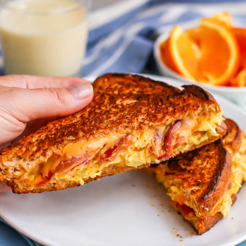 Delicious breakfast grilled cheese sandwich with eggs and bacon on a plate.