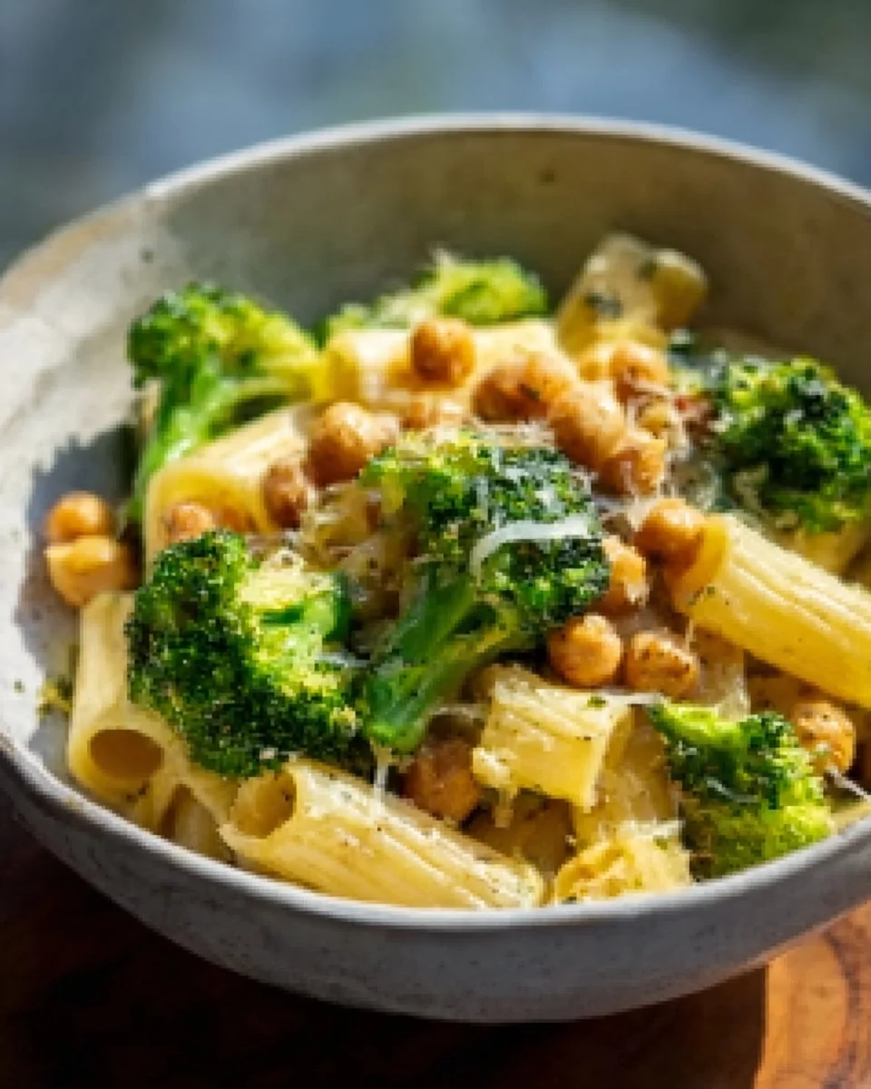 Delicious broccoli chickpea pasta garnished with garlic olive oil