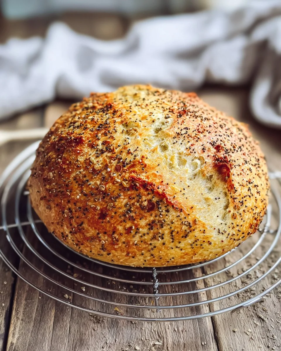 Freshly baked everything bagel no-knead bread with toppings